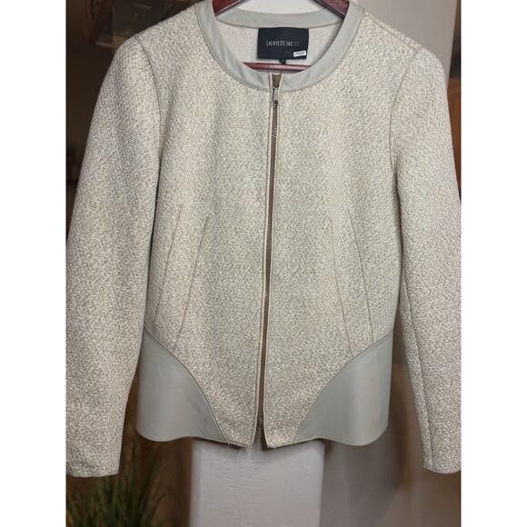 Lafayette 148 New York Women's Zip Blazer Cream Tweed Jacket Leather Trim Size 8 - Picture 6 of 7